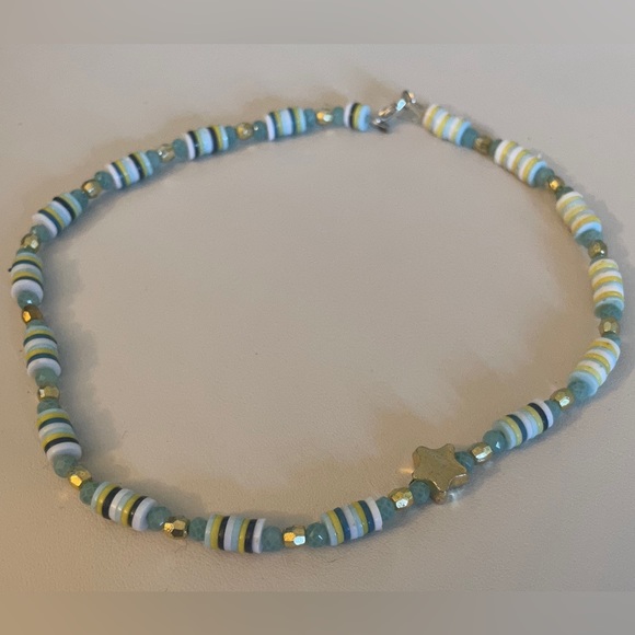 Accessories - Handmade mix match blue/white/yellow flat bead star necklace